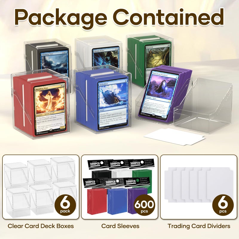 YSCare 6 Pack Card Deck Boxes, Clear Commander Deck Case with 600Pcs Card Sleeves and Dividers, Standard Size Cards Storage Box Perfect Fit for MTG, Sport, Trading Cards (6 colors) - Image 4