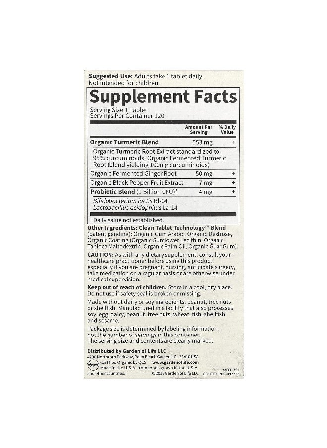 Garden of Life Garden of Life, Organics, Extra Strength Turmeric, Inflammatory Response, 120 Vegan Tablets  - Image 2