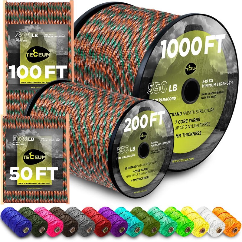 TECEUM Paracord Type III 550 Mixed Camo â€“ 50 ft â€“ 4mm â€“ Tactical Rope MIL-SPEC â€“ Outdoor para Cord â€“Camping Hiking Fishing Gear and Equipment â€“ EDC Parachute Cord â€“ Strong Survival Rope - Image 1