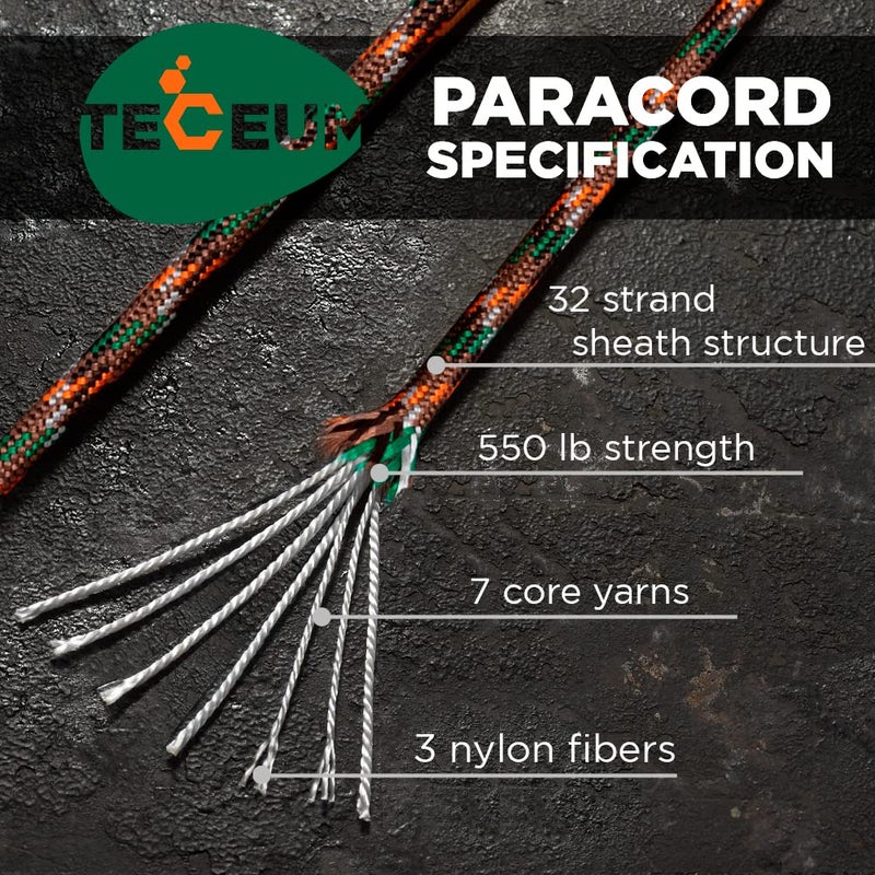 TECEUM Paracord Type III 550 Mixed Camo â€“ 50 ft â€“ 4mm â€“ Tactical Rope MIL-SPEC â€“ Outdoor para Cord â€“Camping Hiking Fishing Gear and Equipment â€“ EDC Parachute Cord â€“ Strong Survival Rope - Image 2