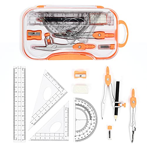 Unjoo Math Geometry Kit Sets 10 Piece Student Supplies with Shatterproof Storage Box,Includes Rulers,Protractor,Compass,Eraser,Pencil Sharpener,Lead Refills,Pencil,for Drafting and Drawings（Orange） - Image 2