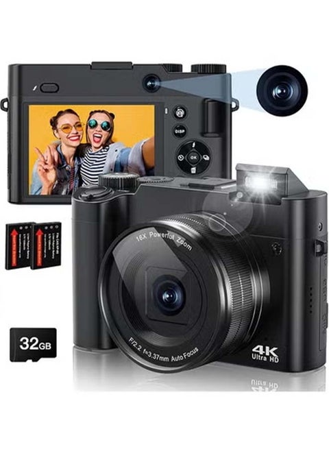 4K Digital Camera, 64MP Rear and Front Camera for Photography and Video Autofocus Anti-Shake, 3'' Selfie Flip Vlogging Camera with Ultra Bright Flash, Camera with Dial 16X Zoom (2 Batteries+32G memory card)