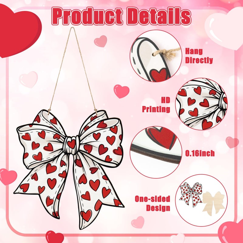 Qimgic Valentine's Day Door Sign - Bow Shape Wood Hanging Decorations for Wall Bedroom Art, Sweet Welcome Door Sign for Apartment Indoor Outdoor Porch Hang Ornament 10x13 Inch (Red Heart) - Image 3