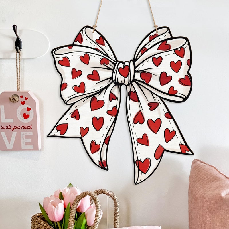 Qimgic Valentine's Day Door Sign - Bow Shape Wood Hanging Decorations for Wall Bedroom Art, Sweet Welcome Door Sign for Apartment Indoor Outdoor Porch Hang Ornament 10x13 Inch (Red Heart) - Image 1
