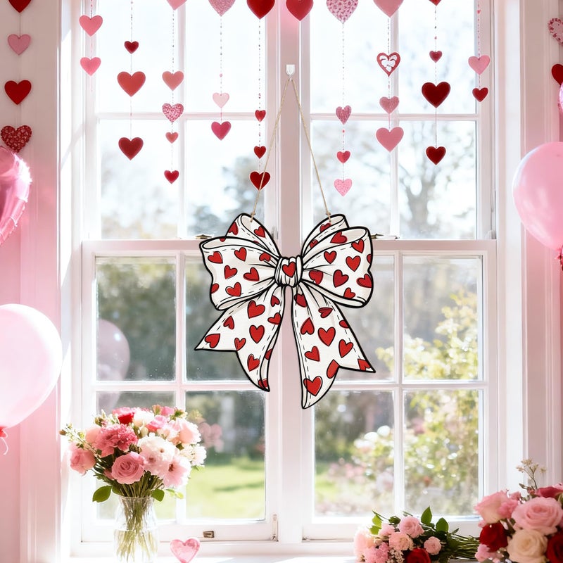 Qimgic Valentine's Day Door Sign - Bow Shape Wood Hanging Decorations for Wall Bedroom Art, Sweet Welcome Door Sign for Apartment Indoor Outdoor Porch Hang Ornament 10x13 Inch (Red Heart) - Image 4
