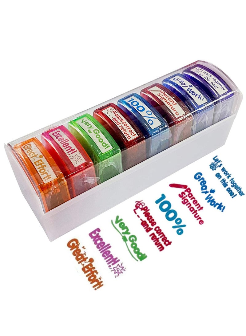 SYOSI طوابع المعلم بيرتيفيني لتقييم الصف، مجموعة طوابع ذات حبر ذاتي لتوقيع الأهل مع 8 قطع، مستلزمات المعلم للواجبات المنزلية - Image 1