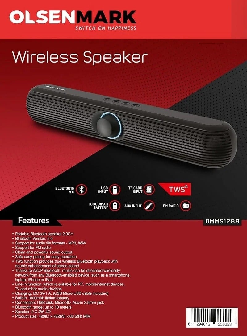 Olsenmark Wireless 2.0Ch Speaker, Bluetooth Speaker, FM, USB, TF Card, AUX Input, TWS, 2x6W Speaker OMMS1288 - Image 2