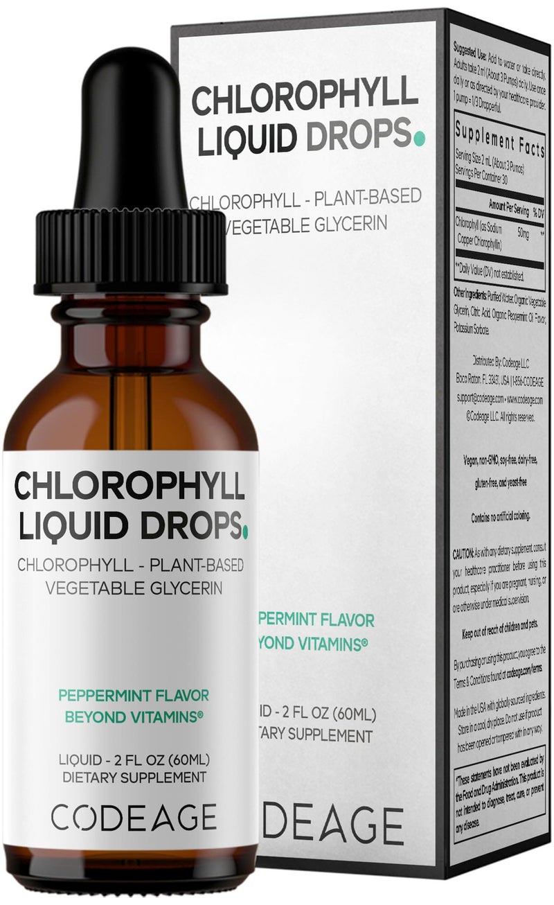 Codeage Chlorophyll Liquid Drops Supplement Vegan Chlorophyll 50 mg per Serving Organic Peppermint Flavor Clorofila Drink NonGMO GlutenFree Vegan 2 fl oz