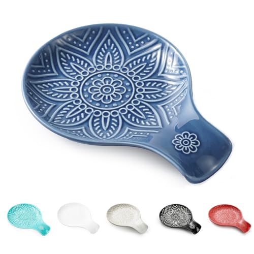 MIKIGEY Ceramic Spoon Rest, 7.48 Inches Spoon Holder for Kitchen Counter, Kitchen Accessories, Dishwasher Safe, Dark Blue - Image 1