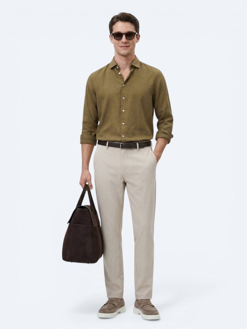 Kip Khaki Plain Regular Fit Long Weaving Casual Cotton Blended Shirt - Image 5