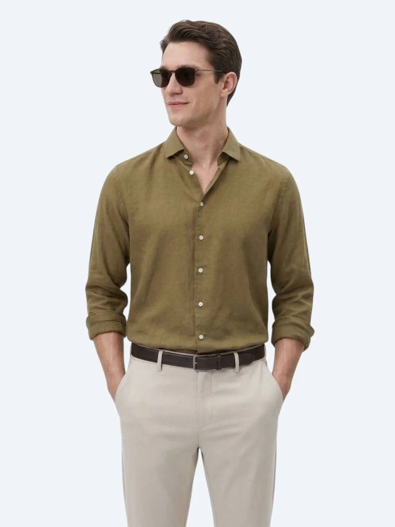 Kip Khaki Plain Regular Fit Long Weaving Casual Cotton Blended Shirt