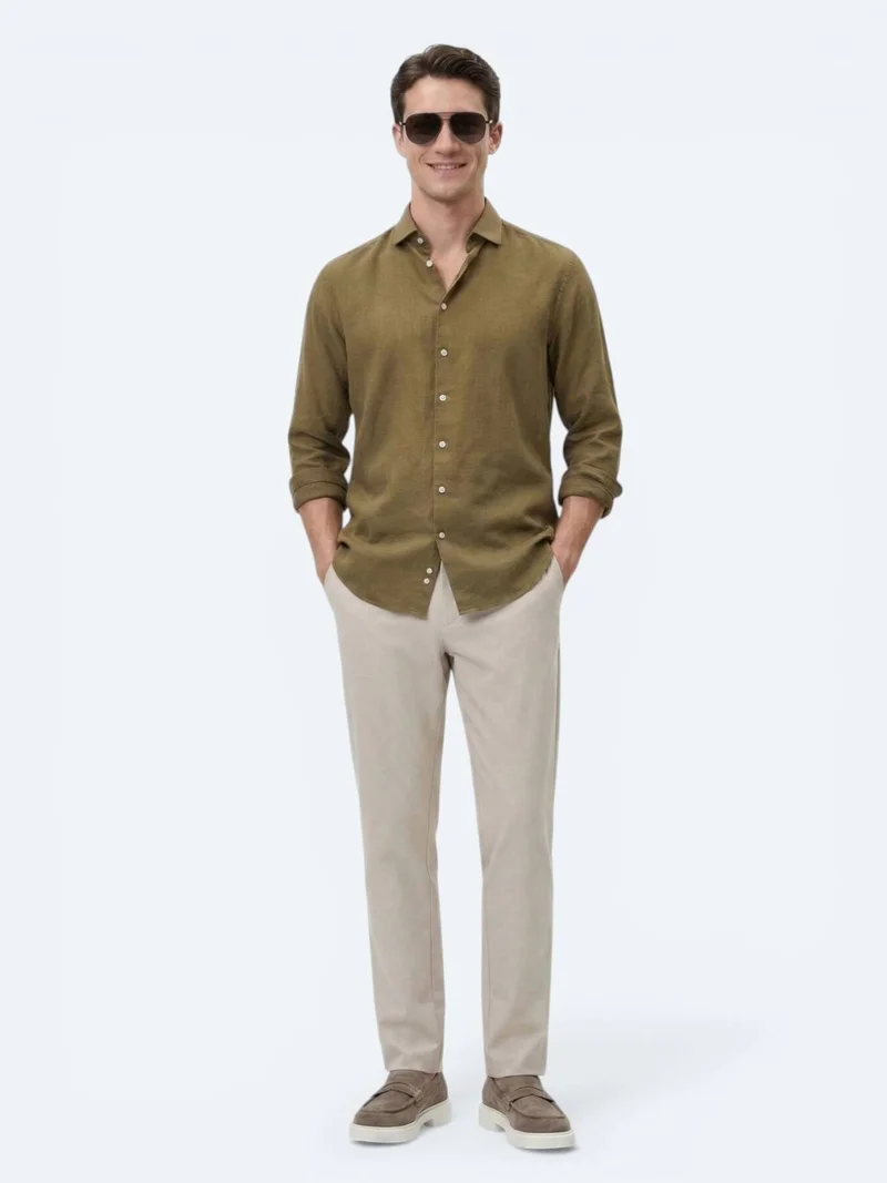 Kip Khaki Plain Regular Fit Long Weaving Casual Cotton Blended Shirt