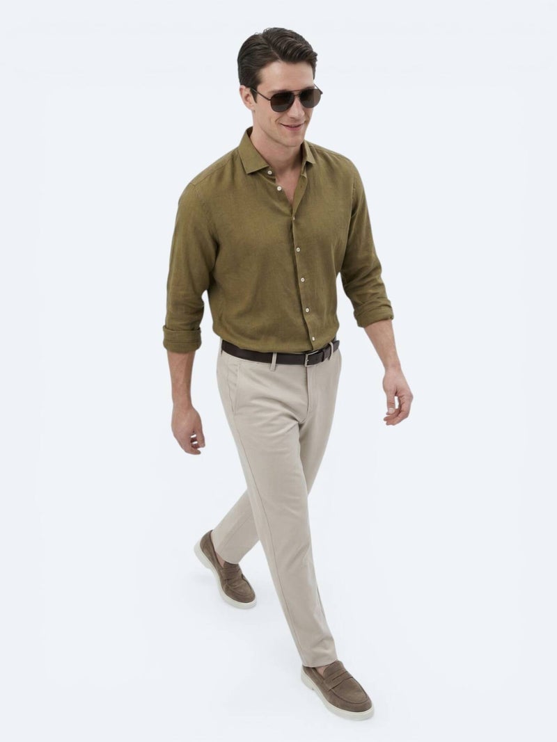 Kip Khaki Plain Regular Fit Long Weaving Casual Cotton Blended Shirt - Image 3