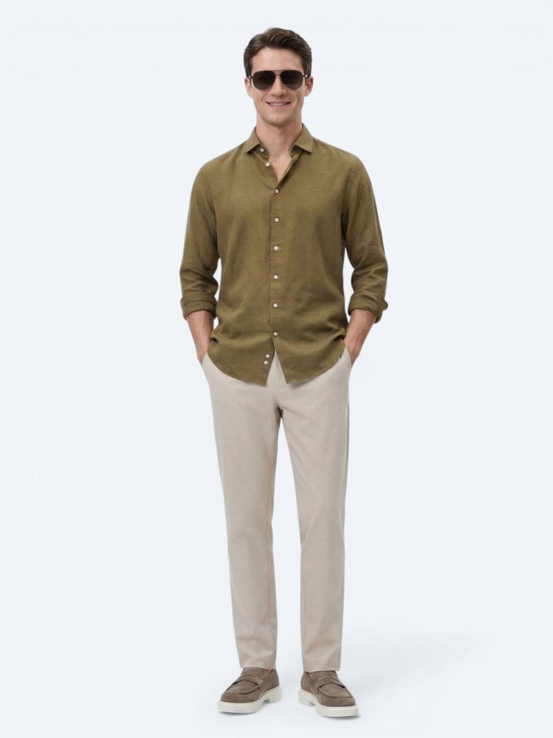 Kip Khaki Plain Regular Fit Long Weaving Casual Cotton Blended Shirt - Image 3