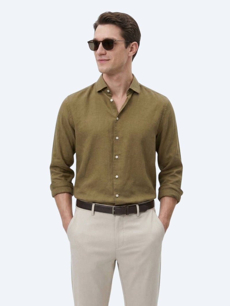 Kip Khaki Plain Regular Fit Long Weaving Casual Cotton Blended Shirt - Image 1