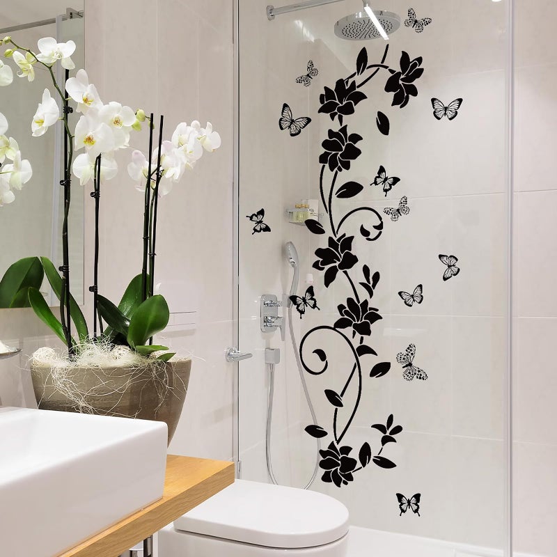 JIABEIUS Black Flower Wall Stickers for Bathroom, Vines and Butterfly Wall Decals Vinyl Peel and Stick, Removable Art Decoration for Living Room Bedroom Door Murals - Image 1