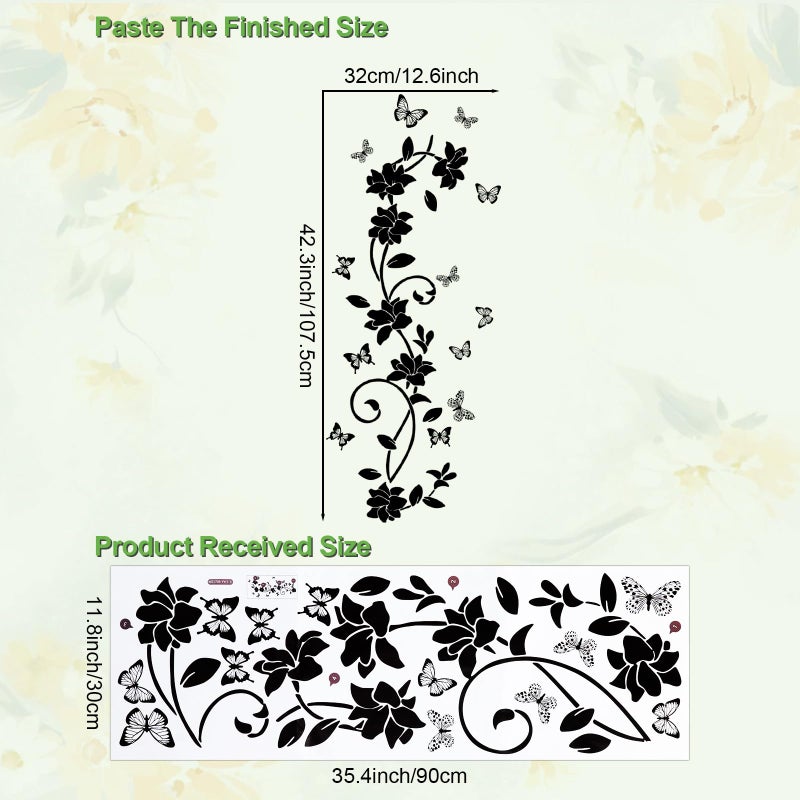 JIABEIUS Black Flower Wall Stickers for Bathroom, Vines and Butterfly Wall Decals Vinyl Peel and Stick, Removable Art Decoration for Living Room Bedroom Door Murals - Image 2