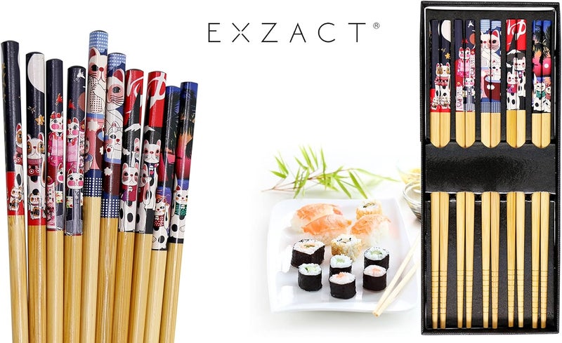 Exzact Chopsticks Gift Set - 5 Pairs of Reusable Natural Bamboo Chopsticks in a Beautiful Handmade Black Box - Decorated Japanese Lucky Cat/Lucky Cat - Image 4