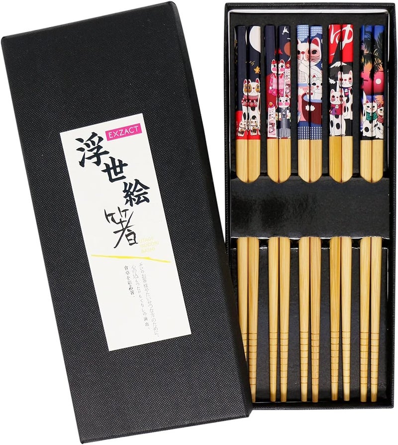 Exzact Chopsticks Gift Set - 5 Pairs of Reusable Natural Bamboo Chopsticks in a Beautiful Handmade Black Box - Decorated Japanese Lucky Cat/Lucky Cat - Image 1