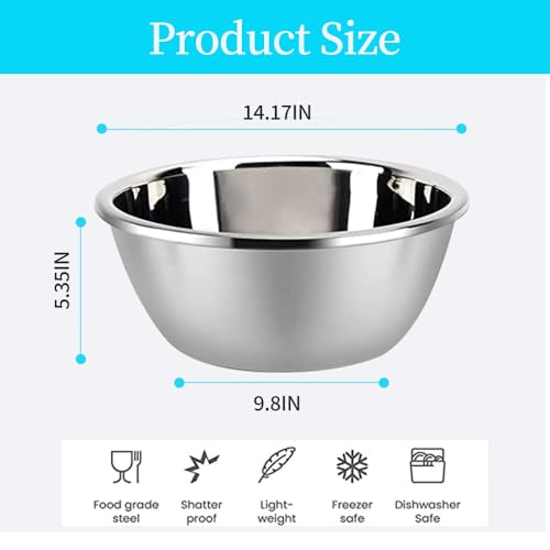 meleg otthon Stainless Steel Mixing Bowls, 13.5QT Metal Bowls, Salad Bowl, Heavy Duty Deeper Edge Mirror Finish Dishwasher Safe Bowl(14.17'' diameter x 5.35''high) - Image 3