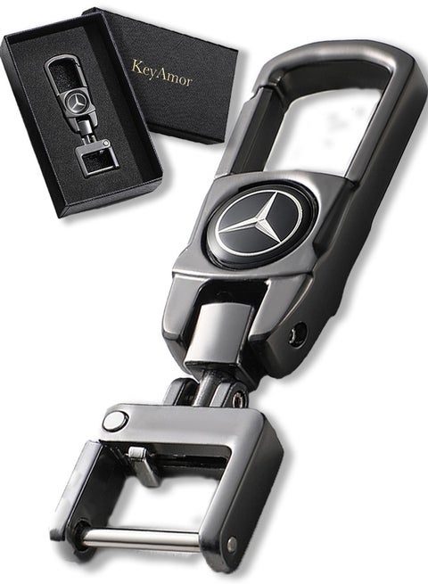 Mercedes Benz Luxury Metal Keychain in Gunmetal Colour Stylish Car Key Holder with Strong Lock Simple Design and Durable Build Comes with a Premium Gift Box making it a stylish and useful gift