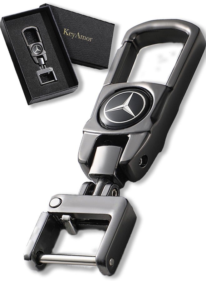 KeyAmor Mercedes Benz Luxury Metal Keychain in Gunmetal Colour Stylish Car Key Holder with Strong Lock Simple Design and Durable Build Comes with a Premium Gift Box making it a stylish and useful gift - Image 1