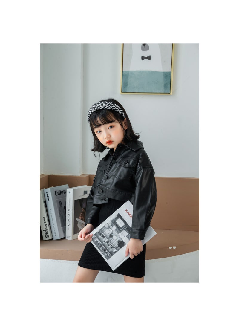 Girl's Fashionable Faux Leather Long Sleeved Jacket with Short Pockets Children's Jacket Party Birthday Party Daily Baby's Clothing2-10years  - Image 4