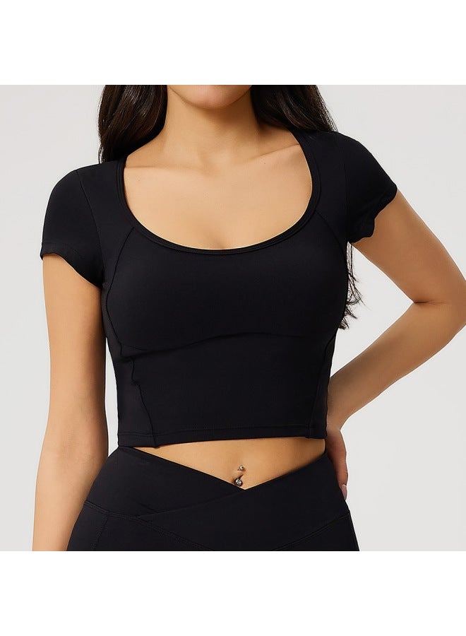 European And American Style Yoga Tops For Women, Short-sleeved With Chest Pads, Running Training, Pilates Sports Short T-shirts, Slimming Fitness Wear