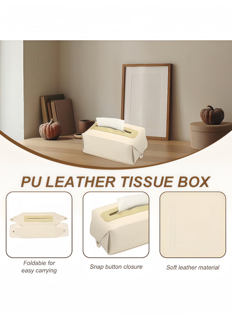 Tissue Box Cover Handkerchief Box, Waterproof PU Leather Rectangular Tissue Box Case Organizer Holder, Tissue Paper Holder for Living Room Kitchen Desktop (Beige) - Image 3