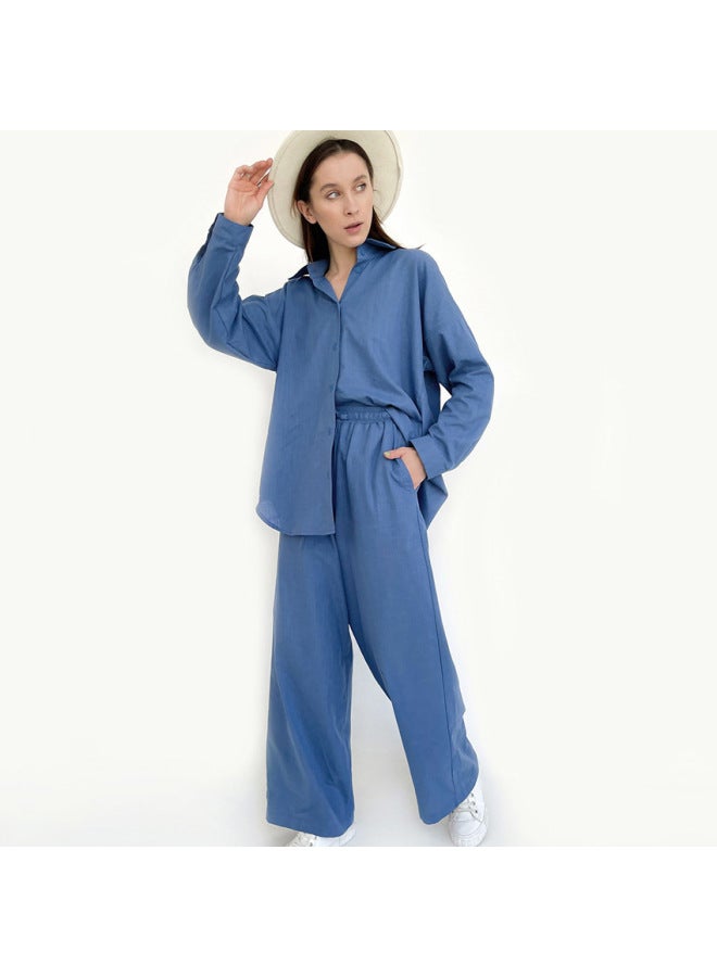 American Women's Clothing Shirt Long Sleeve Elegant Two-piece Set Wide-leg Pants Casual Fashion Linen Suit - Image 4
