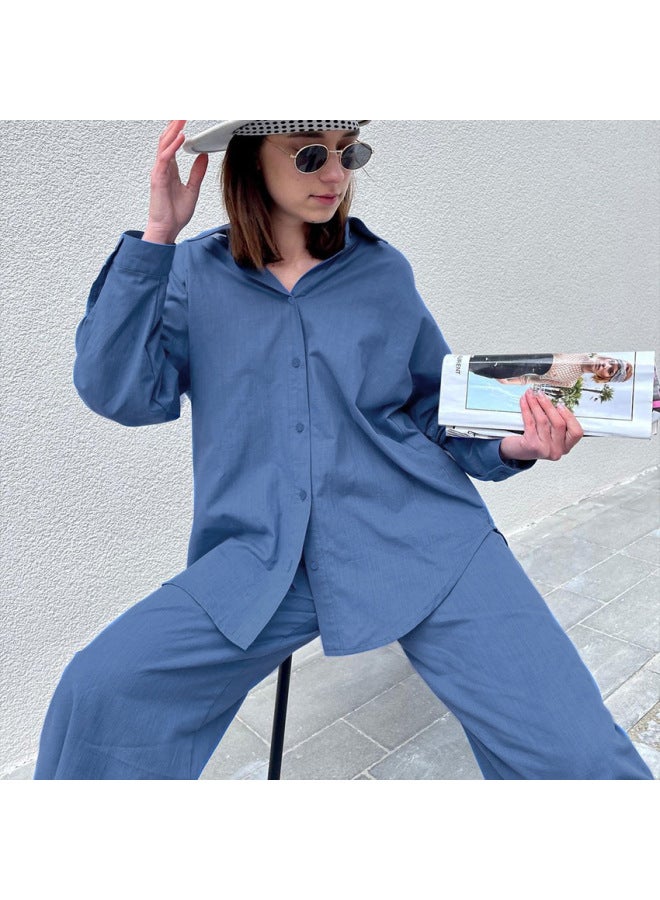 American Women's Clothing Shirt Long Sleeve Elegant Two-piece Set Wide-leg Pants Casual Fashion Linen Suit - Image 3