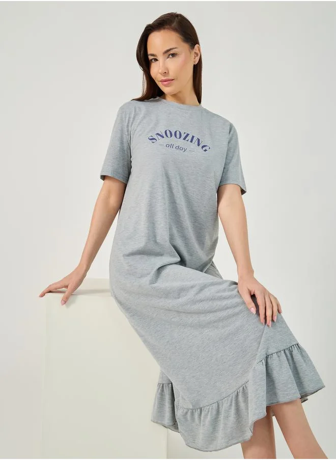 ستايلي Slogan Print Ruffle Hem Sleep T-Shirt