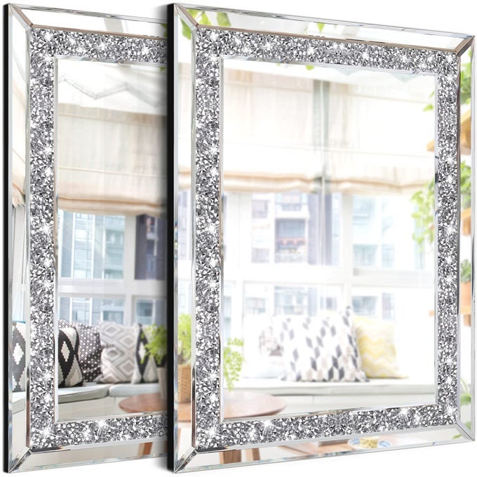 2PCS CRYSTAL RHINESTONE DIAMOND WALL MIRRORBRILLIANT HANDSPLICED GLASS MIRRORACCENT DECORATIVE MIRROR FOR HALLWAYBATHROOMBEDROOM11X15