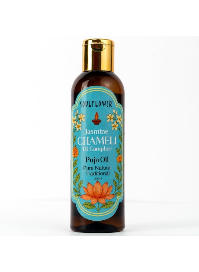 Soulflower Chameli Puja Oil, Smoke & Soot Free | Perfect for Pooja, Havan, Aarti, Tika, Mandir, Home, Worship and Lamp | Lasting Chameli Aroma | 200ml - Image 1