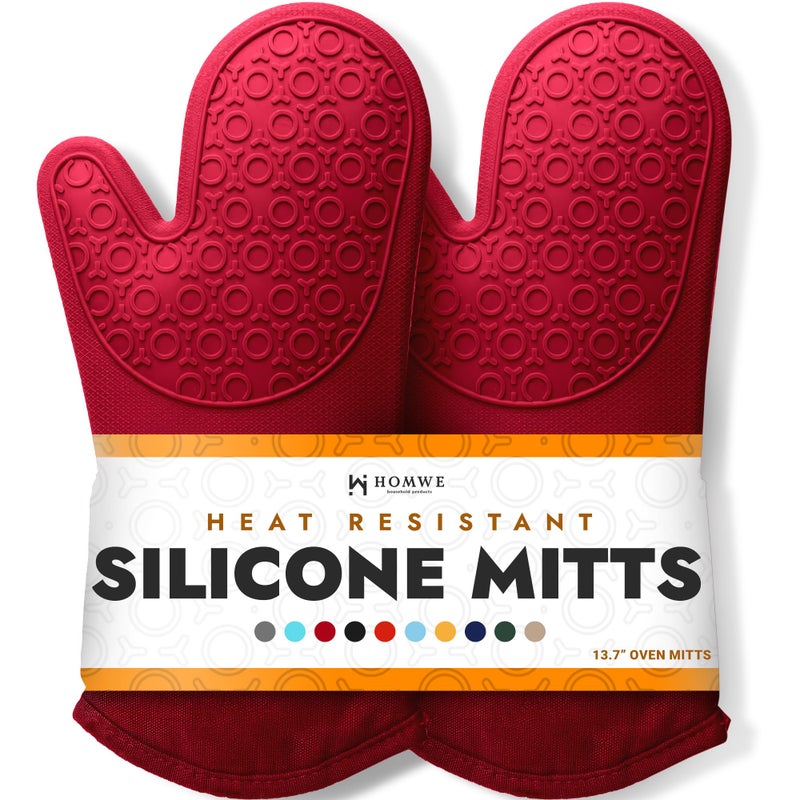 BPAFree Silicone Oven Mitts Ultra Heat Resistant up to 500F Oven Mitts with Thick Cotton Liner Long Slip Resistant Pot Holders Flexible Oven Gloves Empire Red 137