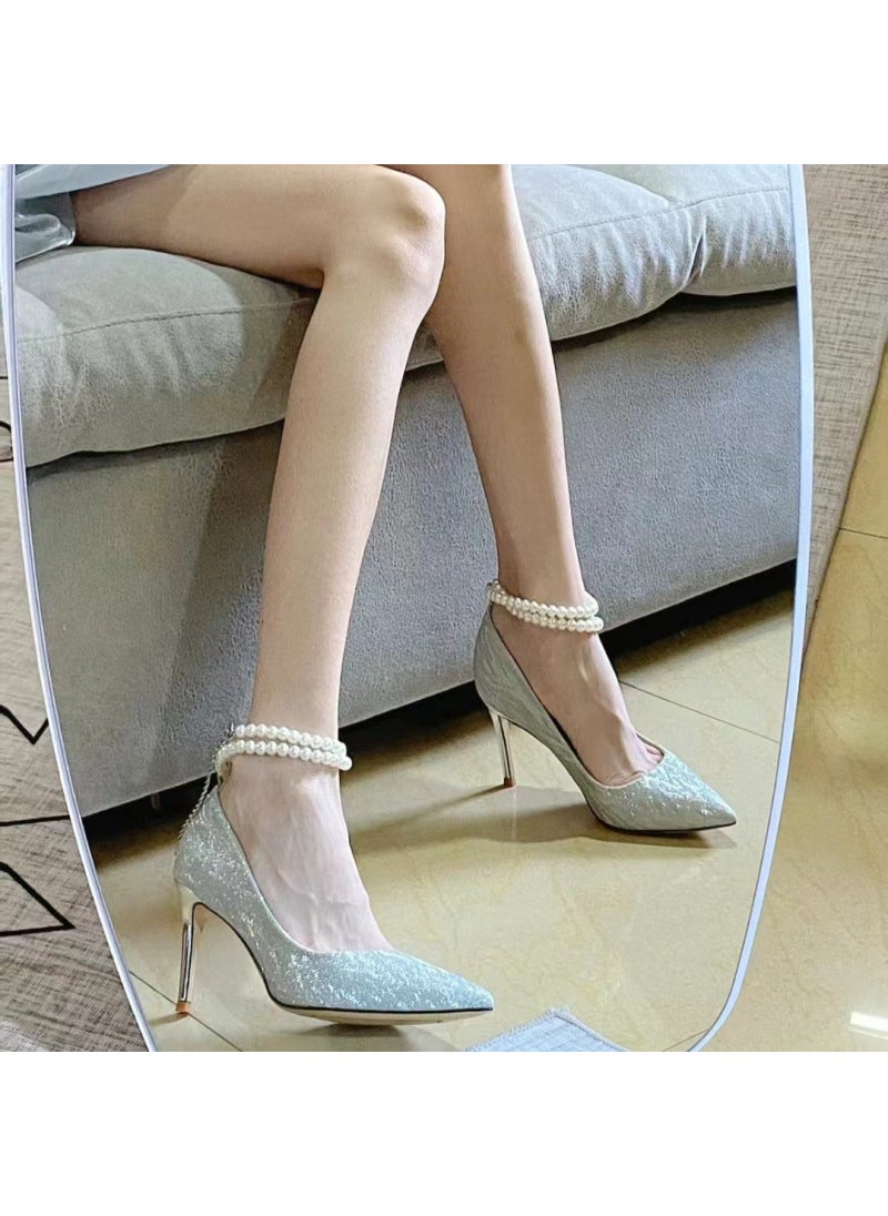 Generic - Silver Pointed Shallow Pearl One-Row Rhinestone High Heels Womens 2024 New Adult Gift Single Shoes Maid Of Honor Shoes Silver 9cm - Image 1