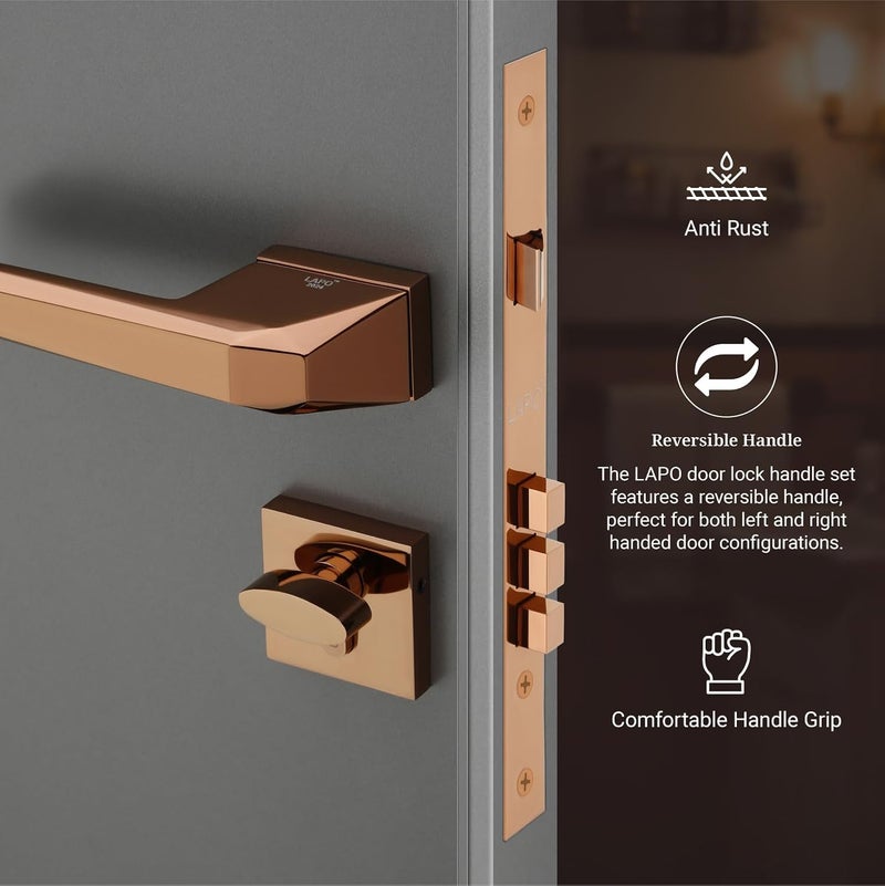 LAPO LAPO Zinc Premium Door Lock for Main DoorMortise Door Lock for BedroomDoor Lock Handlesets with Keys for HomeOfficeHotelPvd Rose Gold Finish3 Years Warranty Ro125  - Image 4