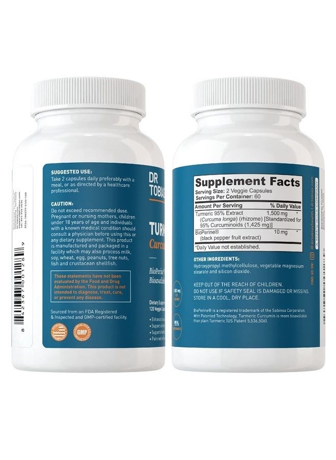Dr. Tobias - Dr Tobias Turmeric Curcumin Supplement with BioPerine and Black Pepper, Extra Strength Curcumin Supplements for Joint Support,1500 mg per dose with 95% Curcuminoids, 120 Vegan Capsules, 60 Servings - Image 1