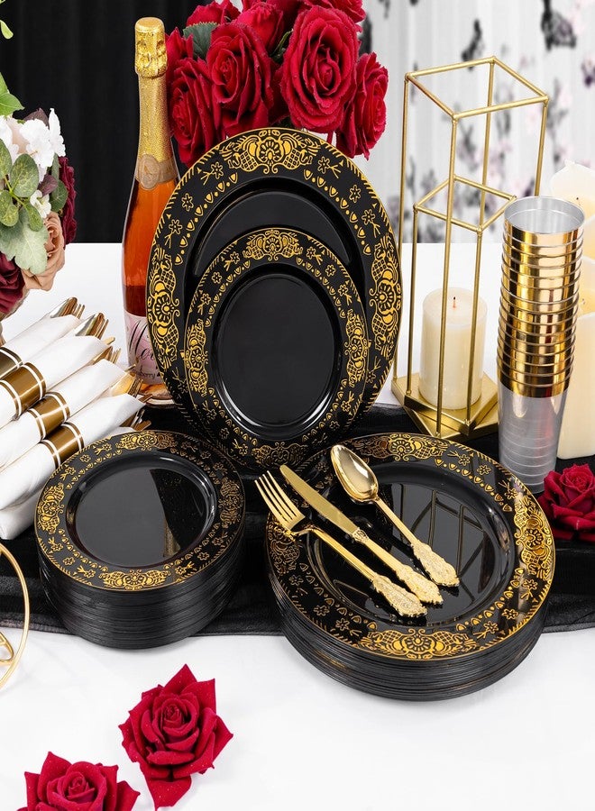 GATHER 350PCS Black and Gold Plastic Plates - Gold Disposable Dinnerware Set Include 50 Dinner Plates, 50 Dessert Plates, 150 Gold Plastic Silverware, 50 Napkins, 50 Cups for Wedding & Halloween - Image 3