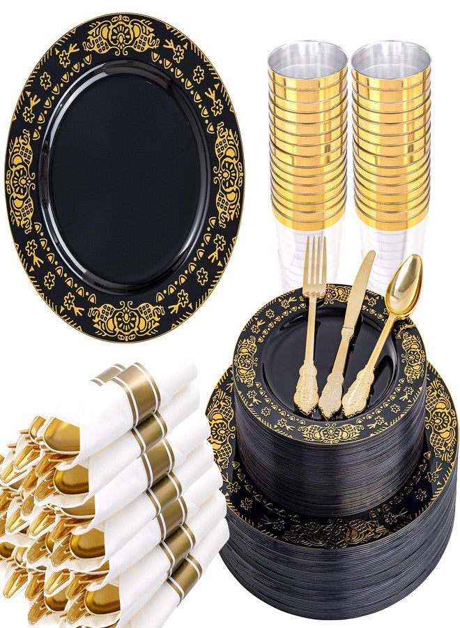 GATHER 350PCS Black and Gold Plastic Plates - Gold Disposable Dinnerware Set Include 50 Dinner Plates, 50 Dessert Plates, 150 Gold Plastic Silverware, 50 Napkins, 50 Cups for Wedding & Halloween - Image 1