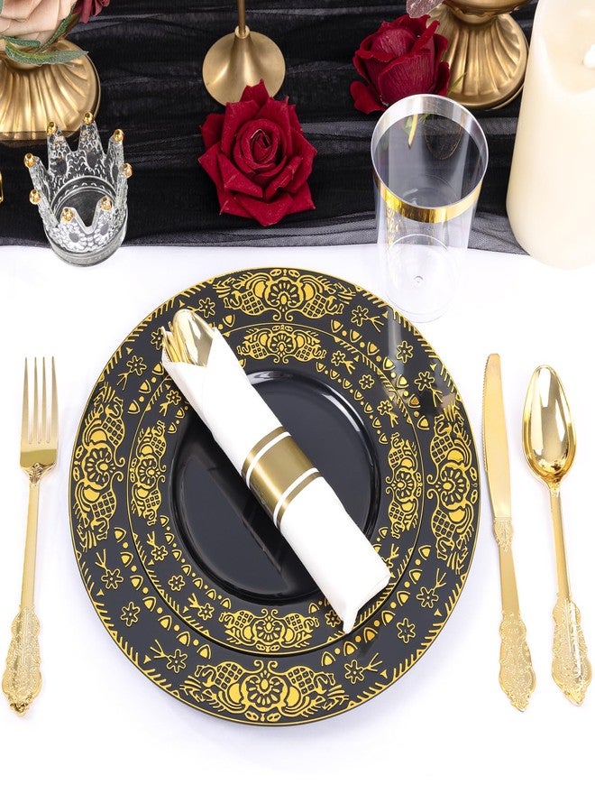 GATHER 350PCS Black and Gold Plastic Plates - Gold Disposable Dinnerware Set Include 50 Dinner Plates, 50 Dessert Plates, 150 Gold Plastic Silverware, 50 Napkins, 50 Cups for Wedding & Halloween - Image 2