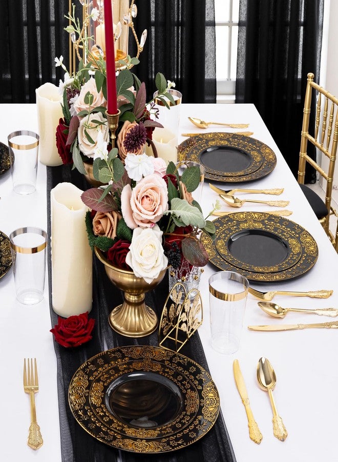 GATHER 350PCS Black and Gold Plastic Plates - Gold Disposable Dinnerware Set Include 50 Dinner Plates, 50 Dessert Plates, 150 Gold Plastic Silverware, 50 Napkins, 50 Cups for Wedding & Halloween - Image 4