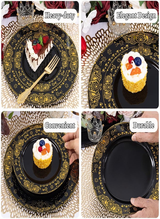 GATHER 350PCS Black and Gold Plastic Plates - Gold Disposable Dinnerware Set Include 50 Dinner Plates, 50 Dessert Plates, 150 Gold Plastic Silverware, 50 Napkins, 50 Cups for Wedding & Halloween - Image 5