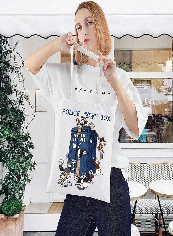 ليفلو حقيبة تسوق LEVLO Doctor Tote Bag لمحبي أفلام Doctor، هدية مثالية لعشاق الشرطة، حقيبة كتف بتصميم صندوق قطة الشرطة، منتجات قطة لطيفة (حقيبة تسوق بتصميم صندوق قطة الشرطة) - Image 2