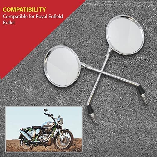 VTRUST Shatterproof Rear View Mirror Compatible for Royal Enfield Classic 350 & Classic 500 | Chrome Finish | Left & Right Side | Heavy Duty Metal Stem | Clear Wide View Bike Side Mirror Set - Image 3