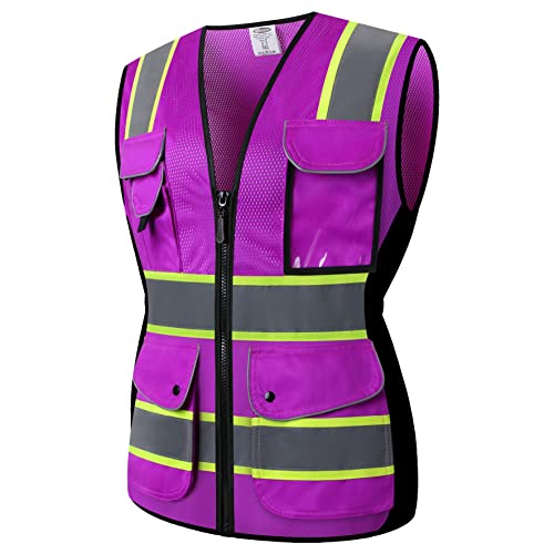 JKSafety 9 Pockets Women Hi-Vis Reflective Safety Vest | Mesh Neon Purple | Reflective Strips with Yellow Extended Trims | ANSI Compliant (168-Purple, XL) - Image 1