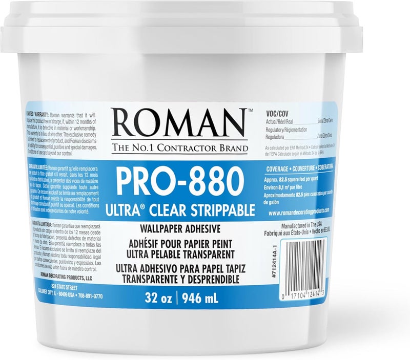 Roman Ultra Clear Strippable Wallpaper Adhesive, Clear Glue, Zero VOC, PRO-880 (32 Ounce - 80 sq. ft.) - Image 1