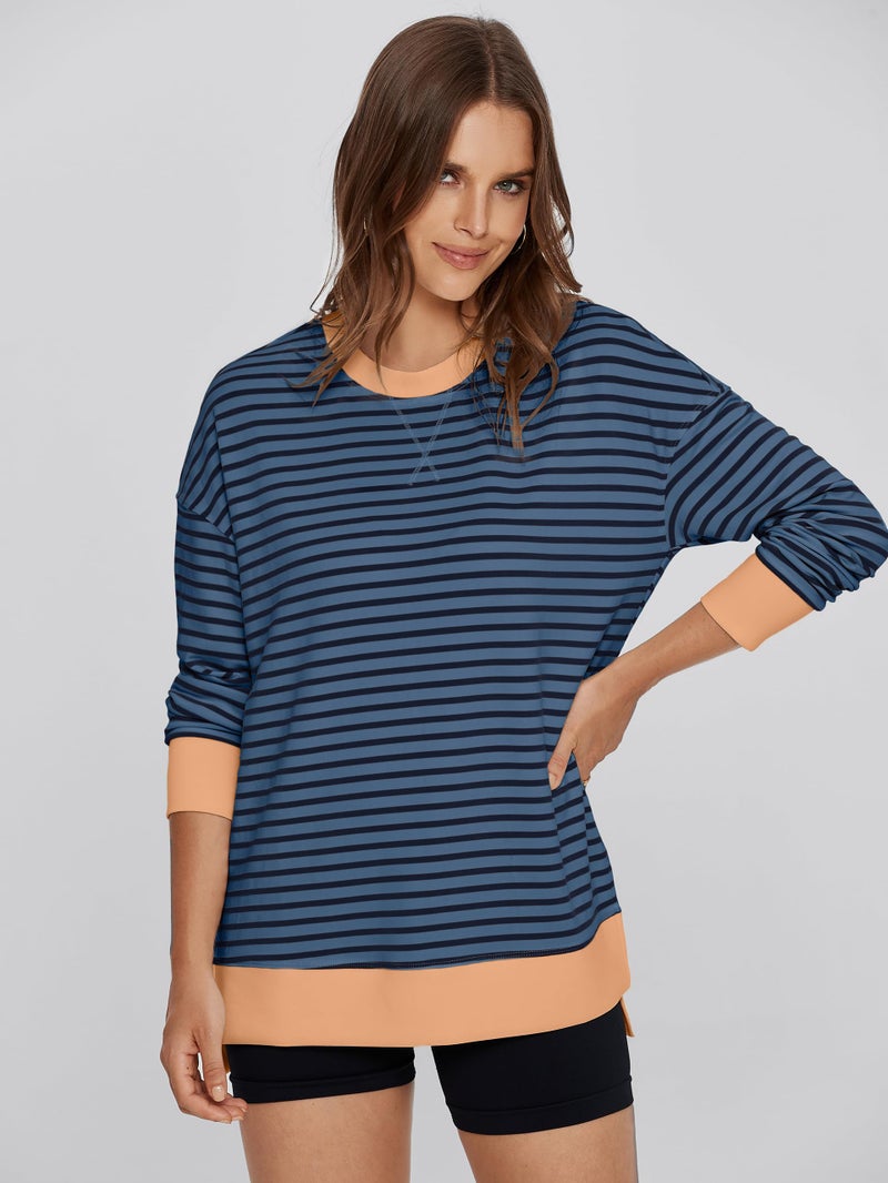 Glamaker Women's Striped Long Sleeve Crewneck Sweatshirt Air Essentials Soft Loose Pullover Sweatshirts Navy Orange L - Image 2