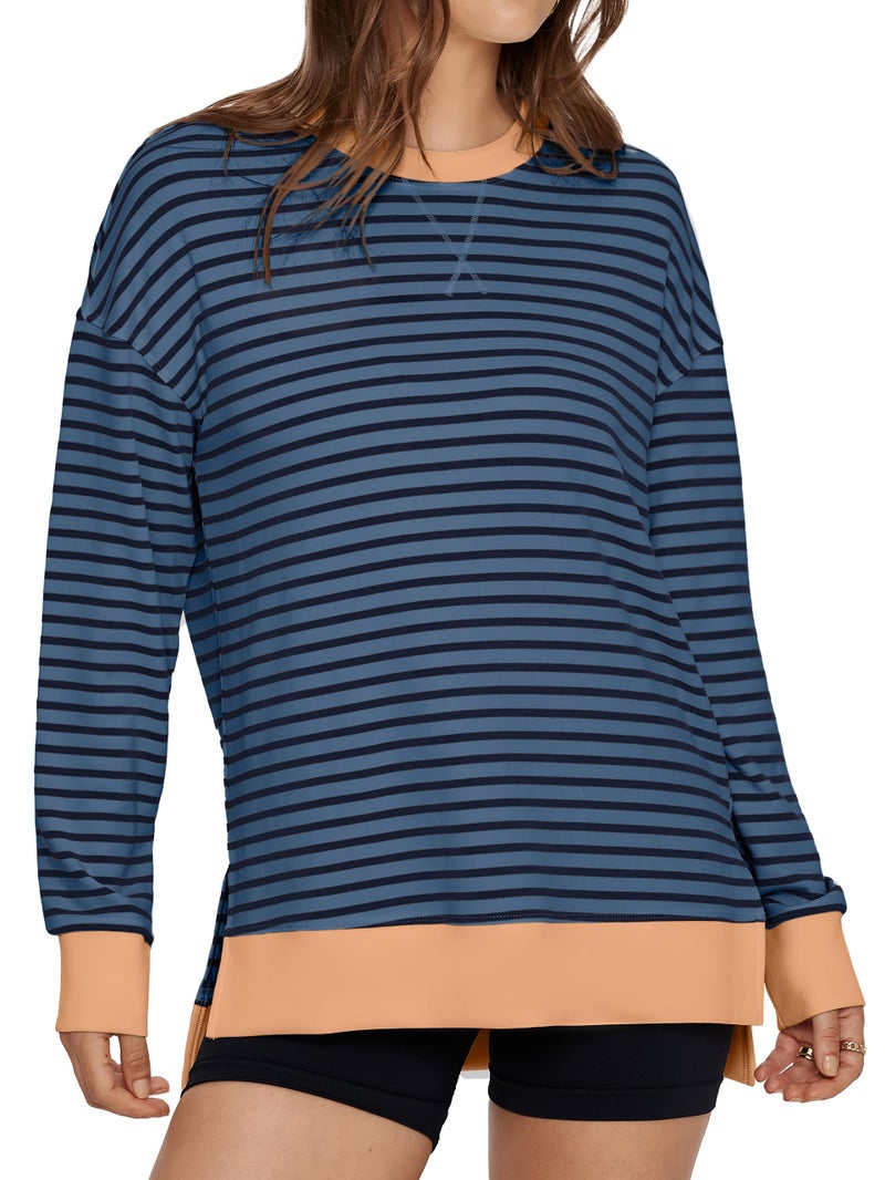 Glamaker Women's Striped Long Sleeve Crewneck Sweatshirt Air Essentials Soft Loose Pullover Sweatshirts Navy Orange L - Image 1