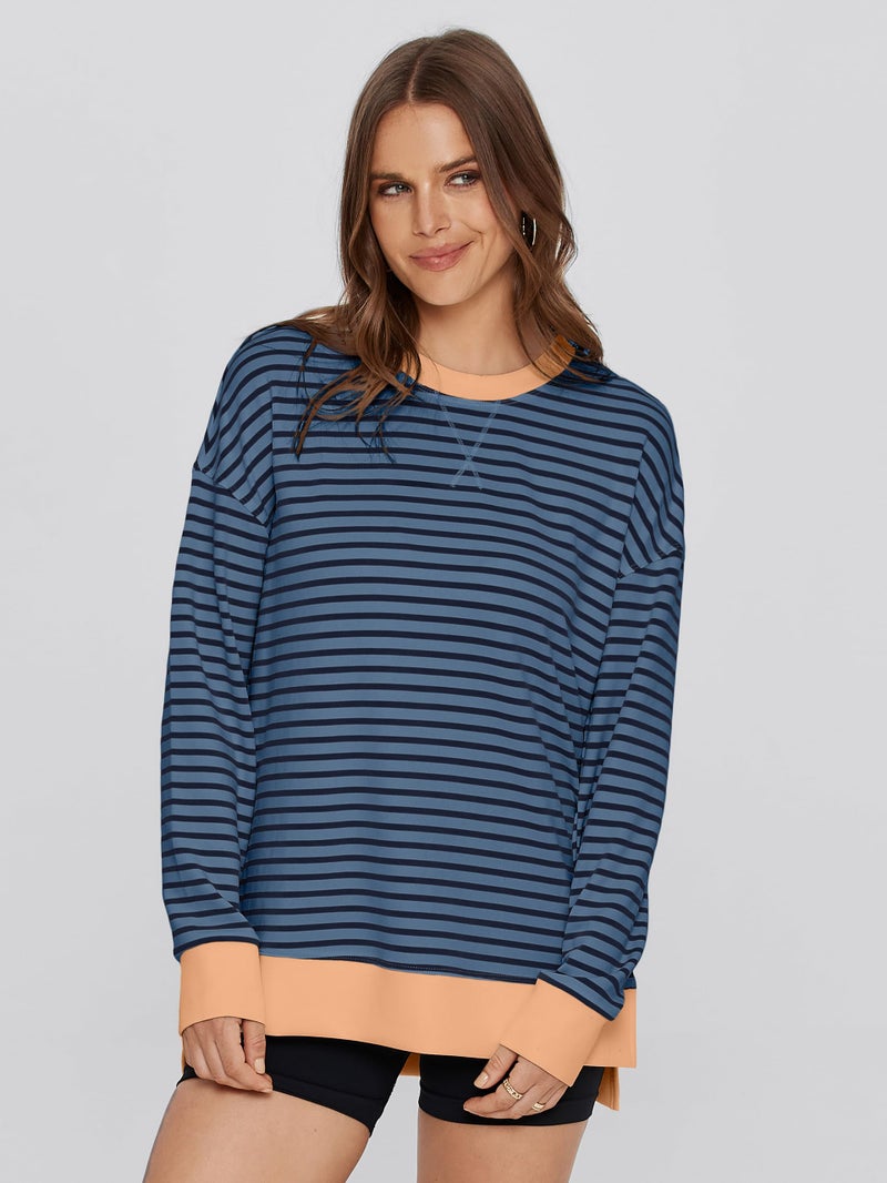 Glamaker Women's Striped Long Sleeve Crewneck Sweatshirt Air Essentials Soft Loose Pullover Sweatshirts Navy Orange L - Image 3